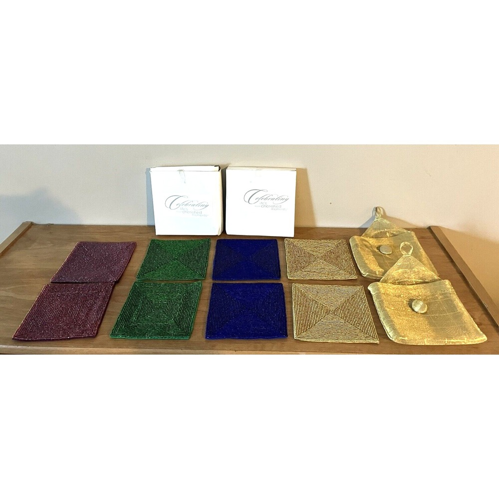Set of 8 House of Lloyd - BEADED COASTERS IN A BAG 4" x 4" - Blue/Green/Red/Gold